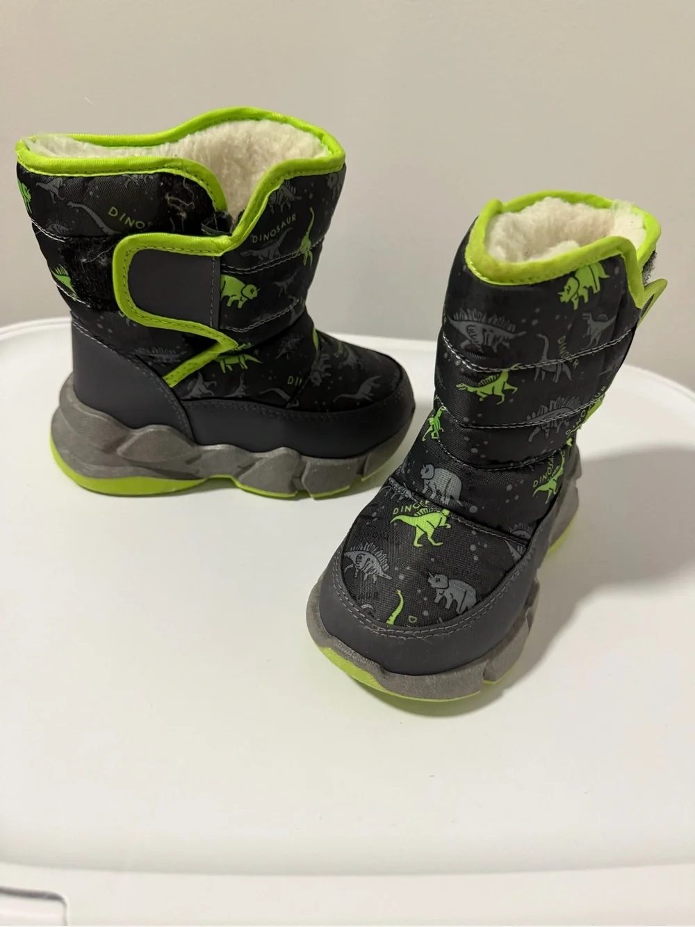 Kids Grey and Neon Green Dino Winter Boots